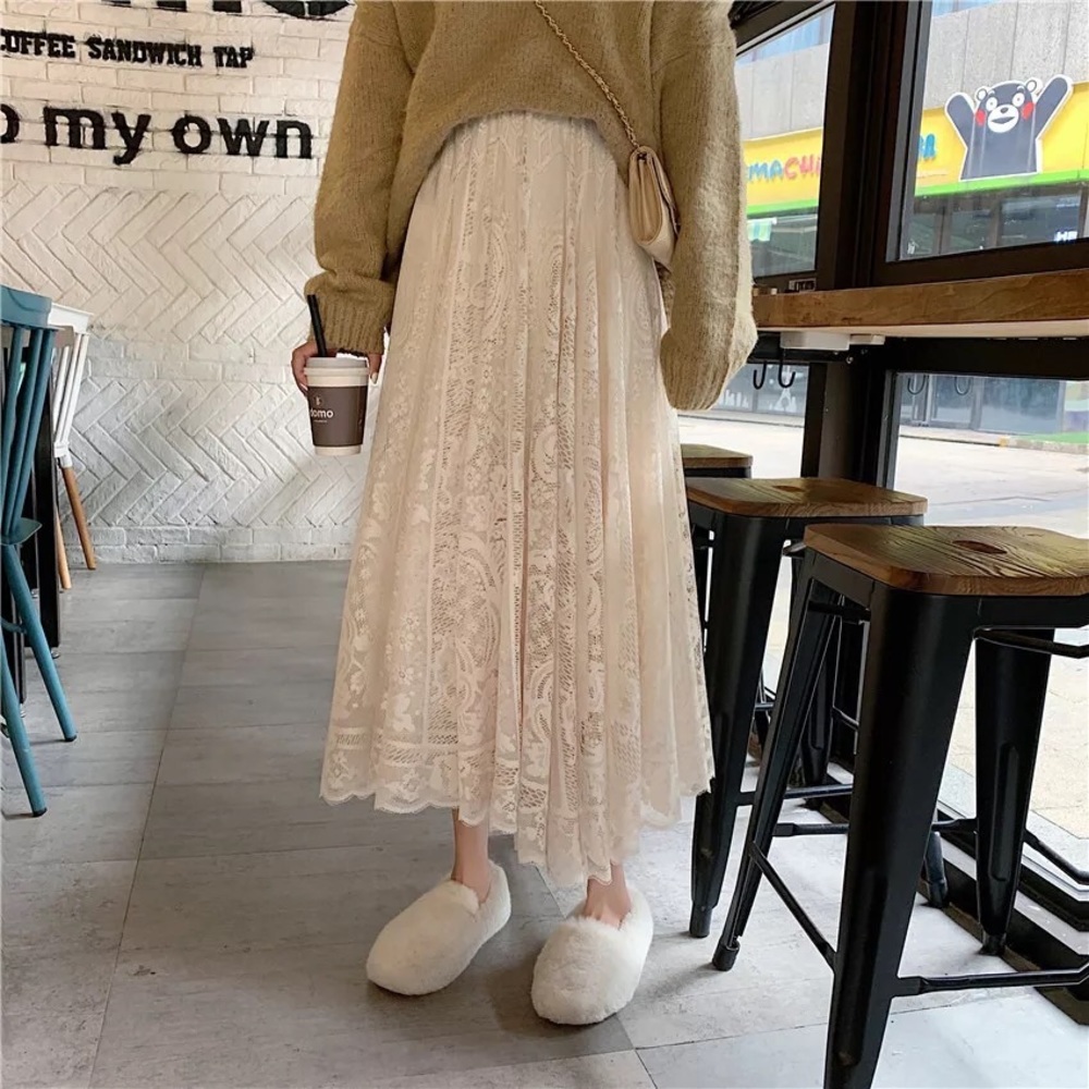 Lace skirt cream beige womens summer spring long skirt floral - Picture 15 of 15